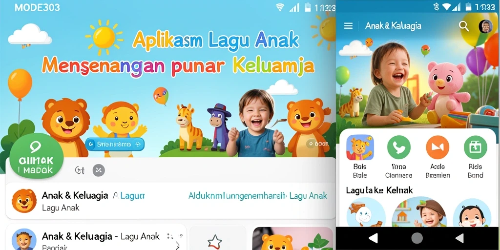 Antarmuka menarik aplikasi Lagu Anak MODE303 yang ramah untuk anak.